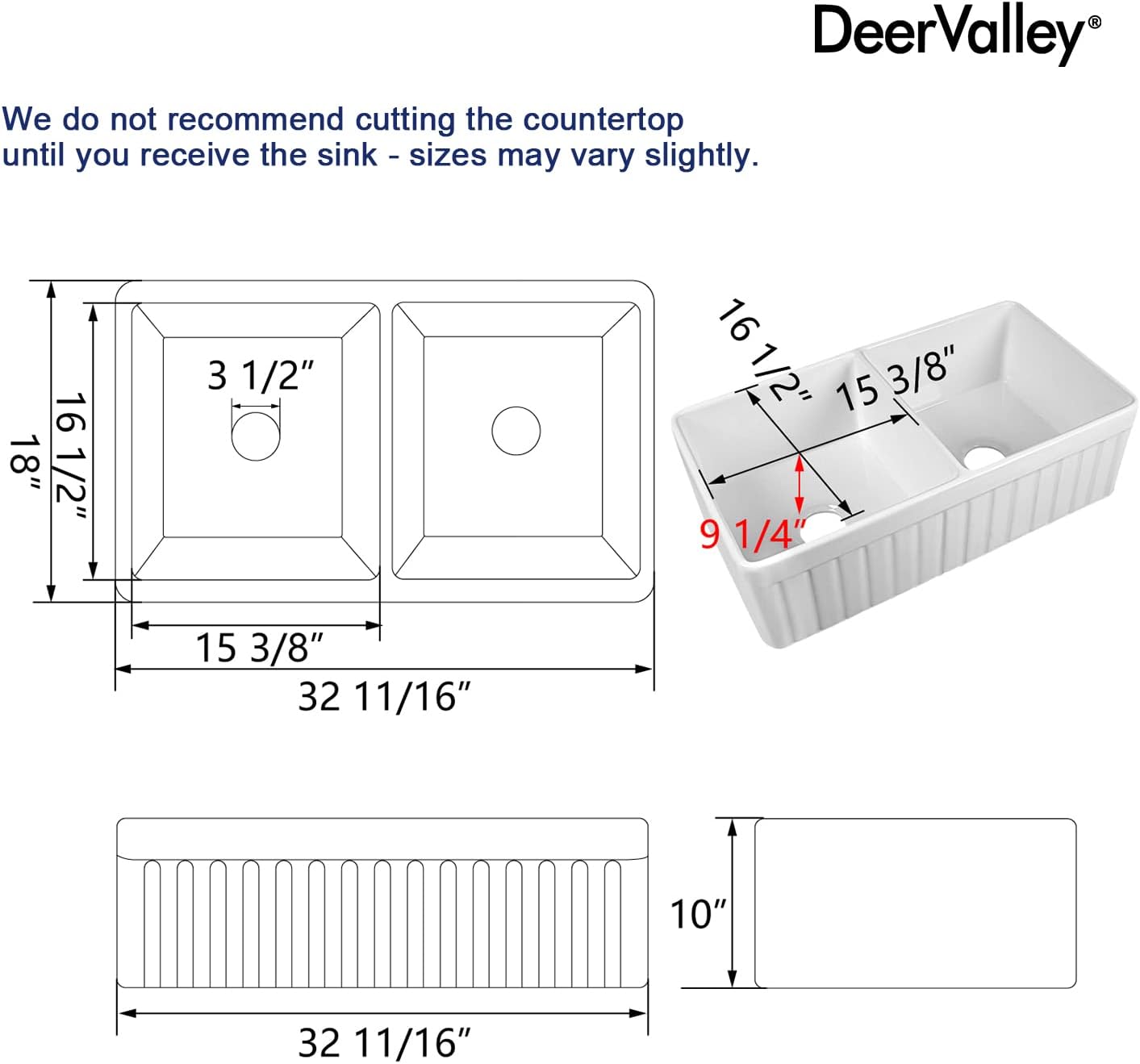 DeerValley Double Bowl Farmhouse Kitchen Sink 33 Inch, Fireclay Farm Sinks, Reversible Apron Front Deep Drop In Kitchen Sinks with Bottom Grid and Strainer
