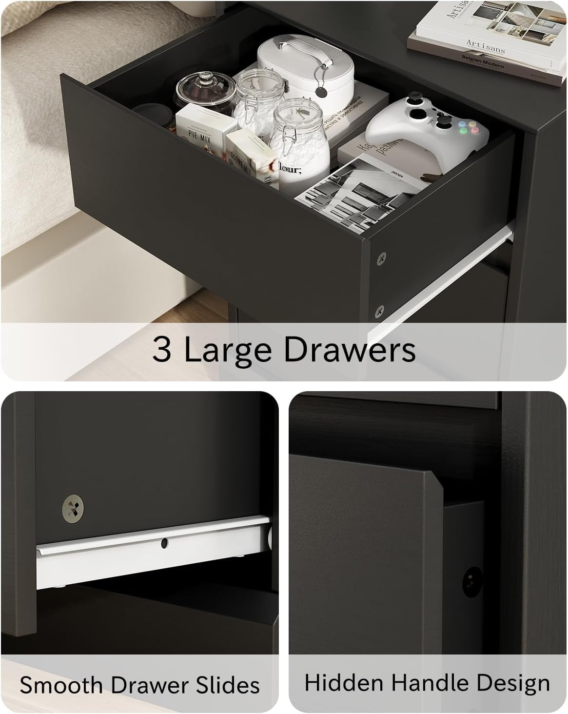 2 pcs Nightstand with Charging Station, Side Table with 3 Drawers, Wooden Bedside Table with Type C, USB Ports and Outlets for Bedroom, Black