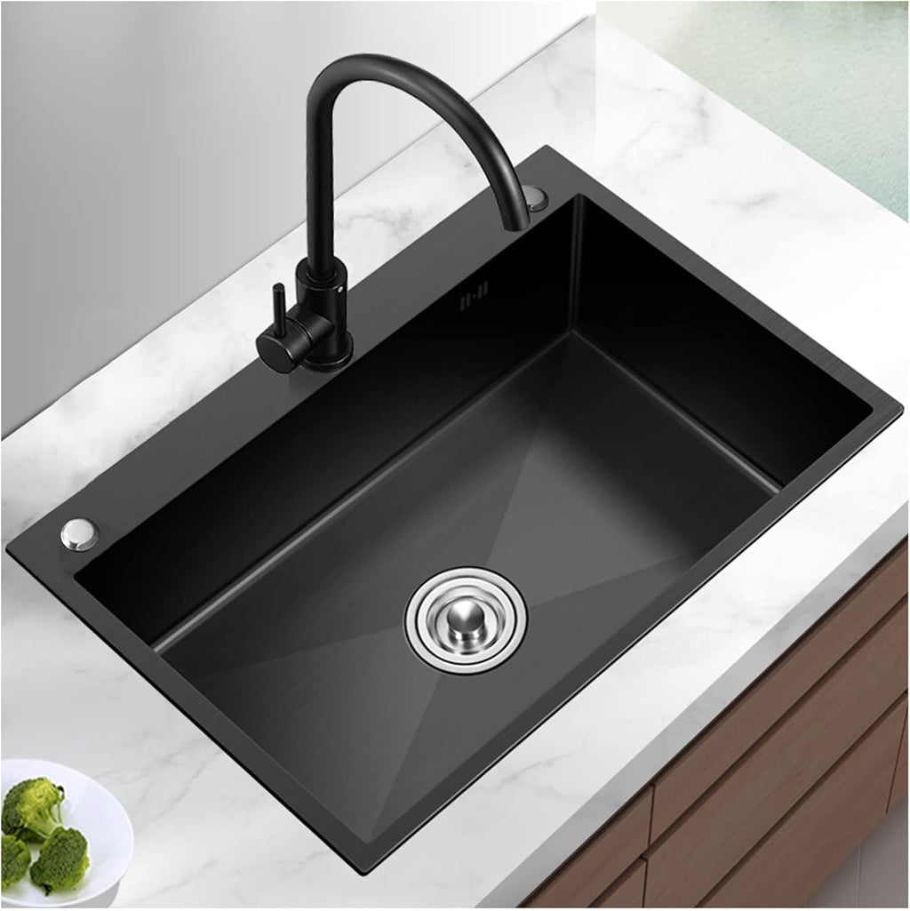 304 Stainless Steel Kitchen Sink Household Handmade Single Bowl Bar Sink Square Nano RV Sink with Faucet and Drainage Kit Top Mount Or Undermount (Color : Black-b, Size : 68x45x20cm) (Blacka 65x4