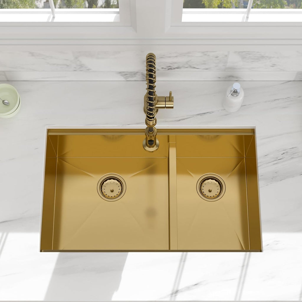 30 Gold Undermount Kitchen Sink - Beslend 30x19 Gold Double Bowl Kitchen Sinks Workstation 16 Gauge Stainless Steel Golden Sink Low Divide Double Basin 60/40