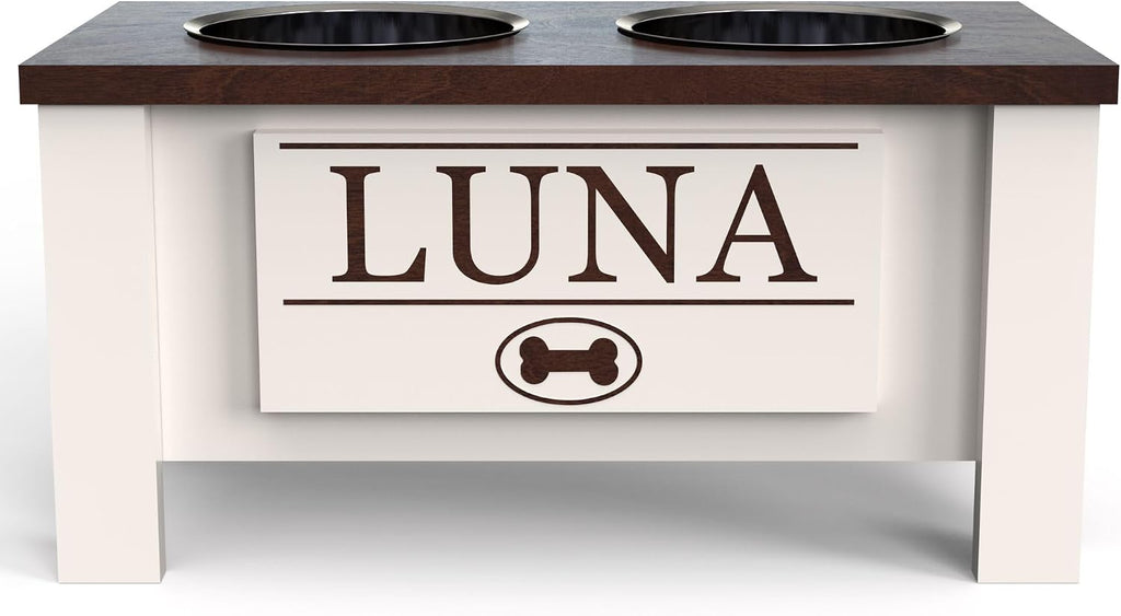 GTW Personalized Elevated Dog Bowl Stand for Large, Medium, Small, X-Small Dogs - Stainless Steel Food and Water Bowls - Raised Dog Dish with Internal Storage (Medium, Dark Walnut)