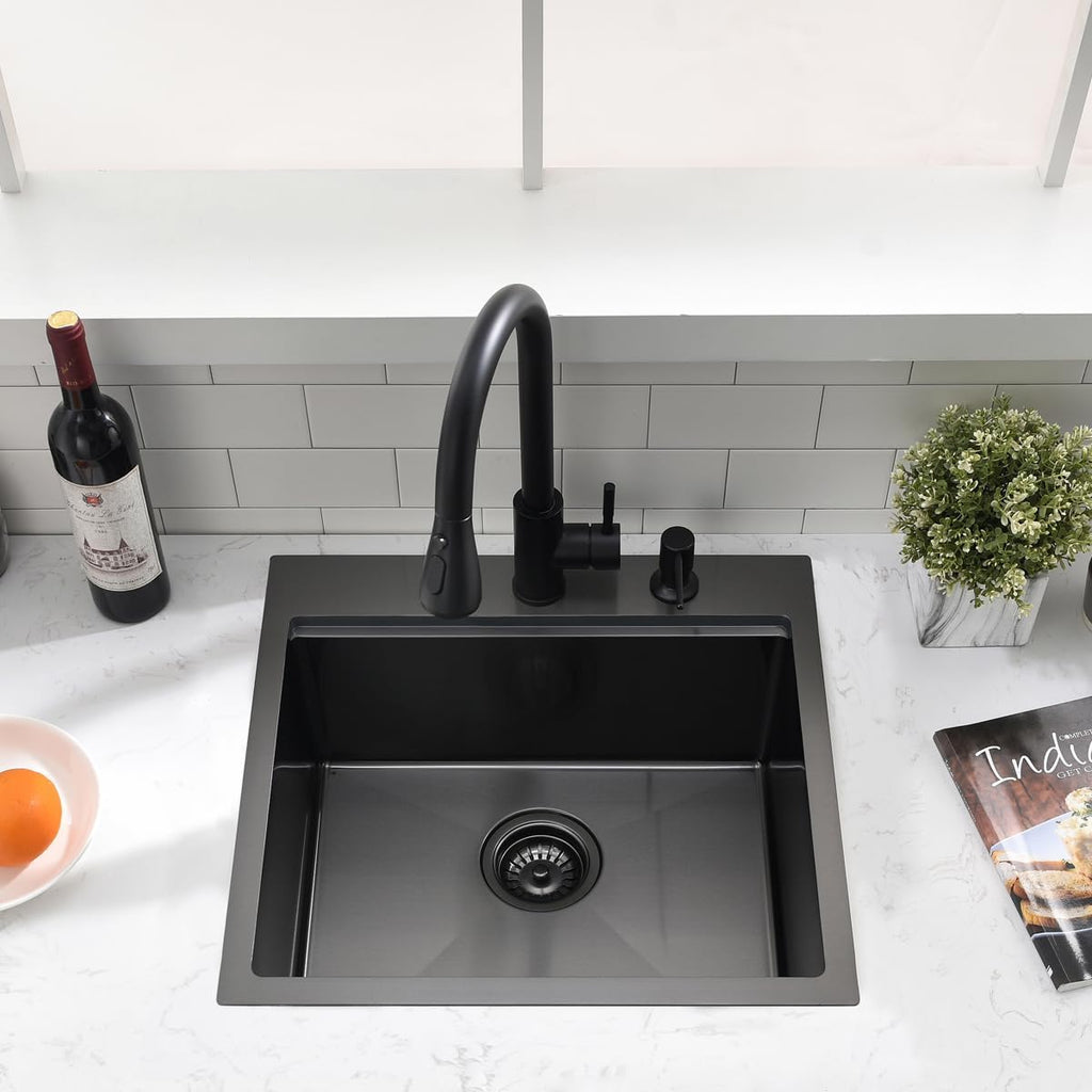 20 inch Black Drop Bar Sink - VOKIM 20'x 19' Inch Drop-in sink Workstation 16 Gauge Single Bowl Kitchen Sink With Cutting Board& colander