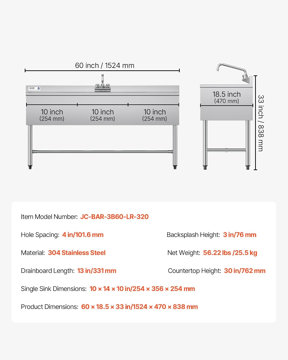 VEVOR 3 Compartment Sink, 18-Gauge 304 Stainless Steel, 10' x 14' x 10' Bowl Size, 3 Bay Commercial Under Bar Sink with Double Drainboard and Backsplash for Kitchen, Restaurant, Food Truck & Home Use