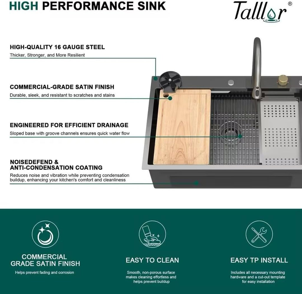 33x22 Gunmetal Black Drop In Kitchen Sink with Faucet, Waterfall Feature & Cup Washer, 16 Gauge 304 Stainless Steel, Workstation Accessories 3-Holes Sink for Residential Kitchen #TLWF-0001
