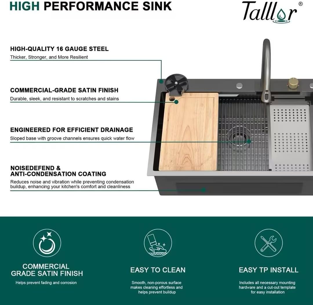33x22 Gunmetal Black Drop In Kitchen Sink with Faucet, Waterfall Feature & Cup Washer, 16 Gauge 304 Stainless Steel, Workstation Accessories 3-Holes Sink for Residential Kitchen #TLWF-0001