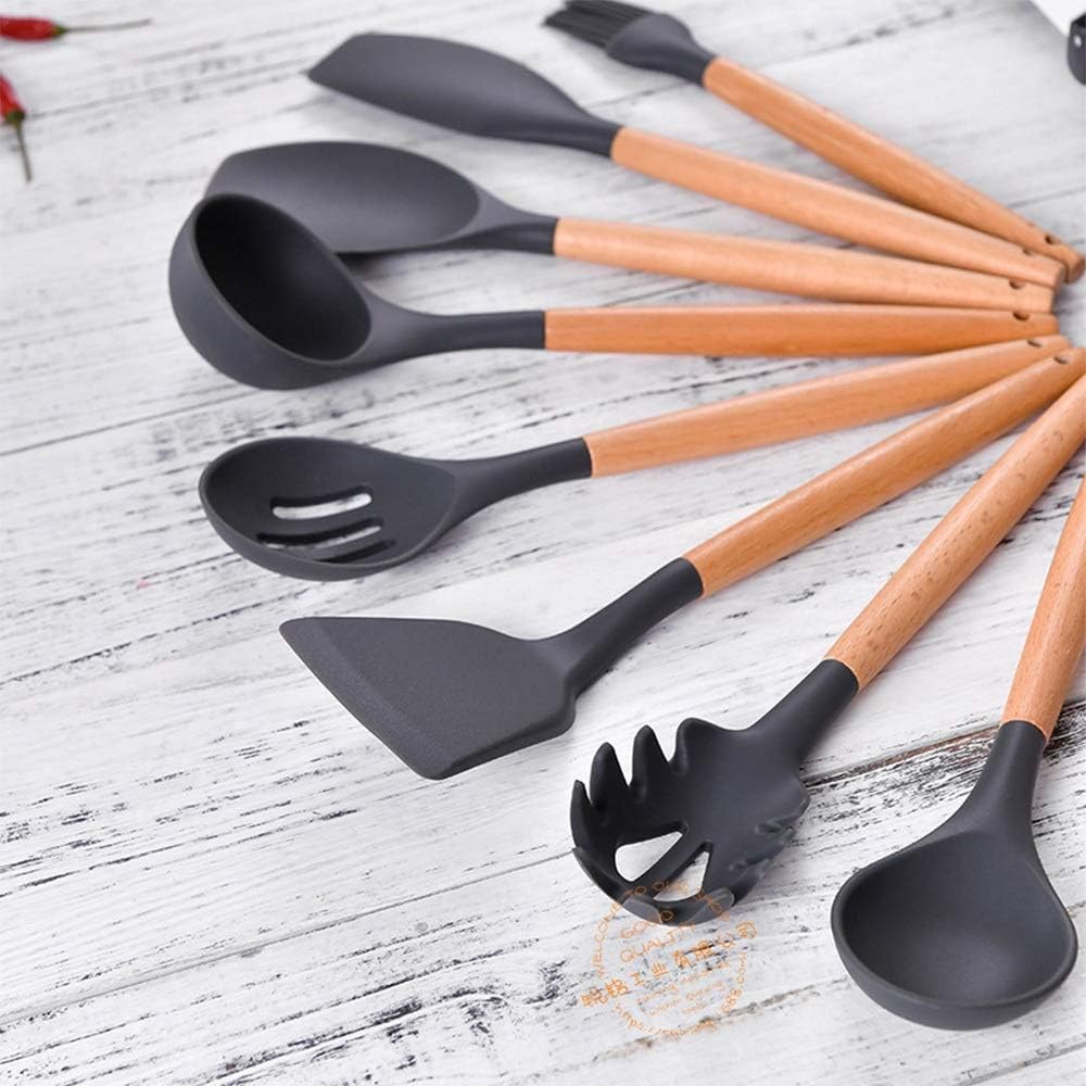 Wood Handle Silicone Nonstick Kitchen Utensil Set for Cooking Gadgets Cooking Utensils Set with Wood Handles Cookware ladle，