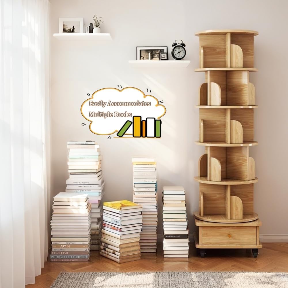 360° 6 Tier Rotating Bookshelf with Drawer and Wheels, Tall Bookcase for Small Spaces, Corner Shelf for Bedroom, Living Room, Office, Wood Bookshelf, Natural