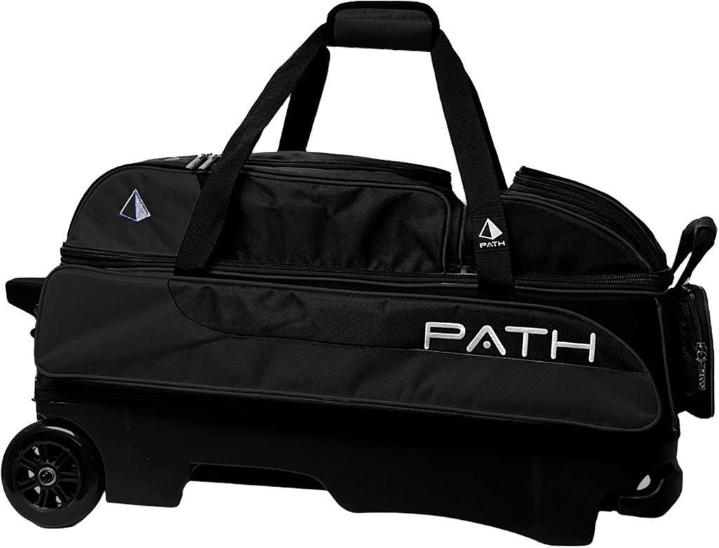 Pyramid Path Triple Premium Deluxe Roller Bowling Bag With Extra Large Separate Shoe Compartment (Up To US Mens Size 16) and 5 Accessory Pockets, 5' Wheels, Retractable Locking Handle - Extends to 42'