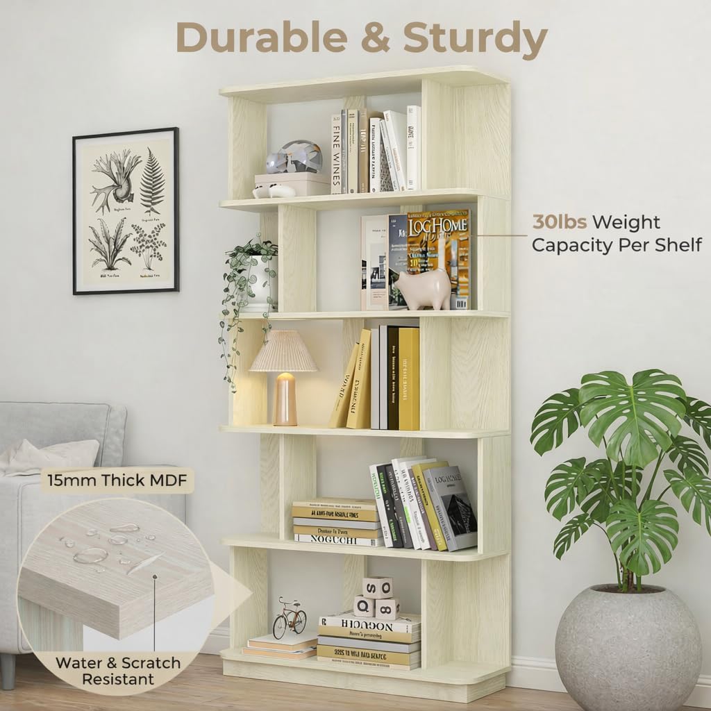 5-Tier Tall Bookshelf, Narrow Wood Bookcase, White | 64.56' freestanding open display shelf for books, décor, and storage in living rooms, bedrooms, or home offices