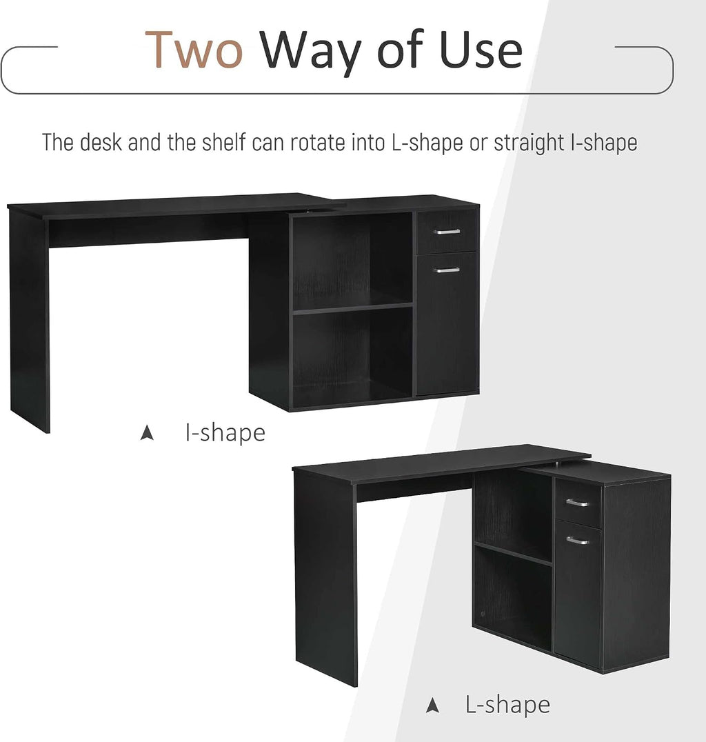HOMCOM L Shaped Computer Desk, 180° Rotating Corner Desk with Storage Shelves, Drawer and Cabinet, Study Workstation for Home Office, 47.25'x19.75'x 53.75', Black
