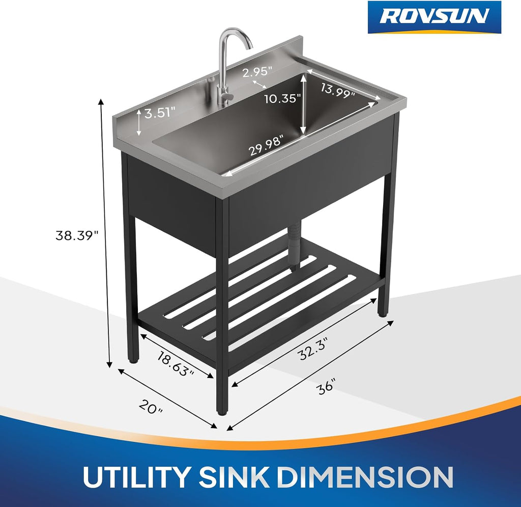 ROVSUN Stainless Steel Black Utility Sink, Free Standing Sink with Faucet & Legs for Laundry Room, Kitchen, Restaurant, Garage, Outdoor Garden, Backyard, Commercial, Industrial 20'D x 36'W x 38.39'H
