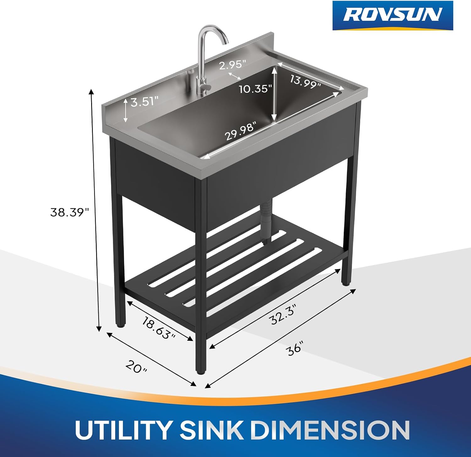 ROVSUN Stainless Steel Utility Sink, 18-gauge Free Standing with Faucet & Legs for Laundry Room, Kitchen, Restaurant, Garage, Outdoor Garden, Backyard, Industrial 20'D x 36'W x 35.5'H Black