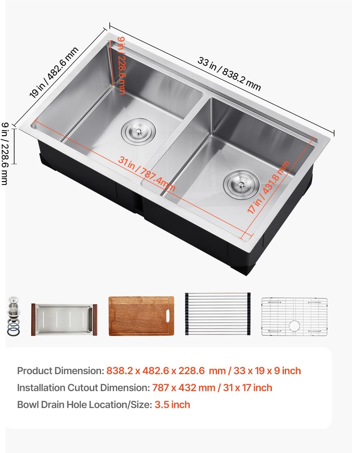 VEVOR 33 inch Kitchen Double Sink, 304 Stainless Steel Undermount Sink Drop-In Single Bowl Farmhouse Basin with Ledge & Multiple Accessories, Household Dishwasher Sinks for Prep Kitchen, Bar 33'*19'
