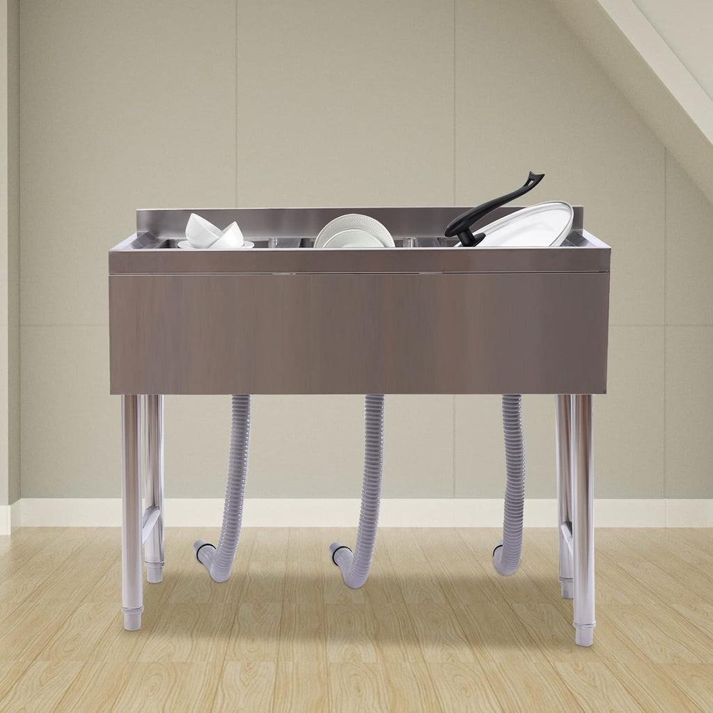 Stainless Steel Utility Sink, Triple Bowl Freestanding Commercial Kitchen Sink, 3 Compartment Washing Hand Basin Utility Sink for Restaurant Garage Laundry, L38.5*W18.8*H33in