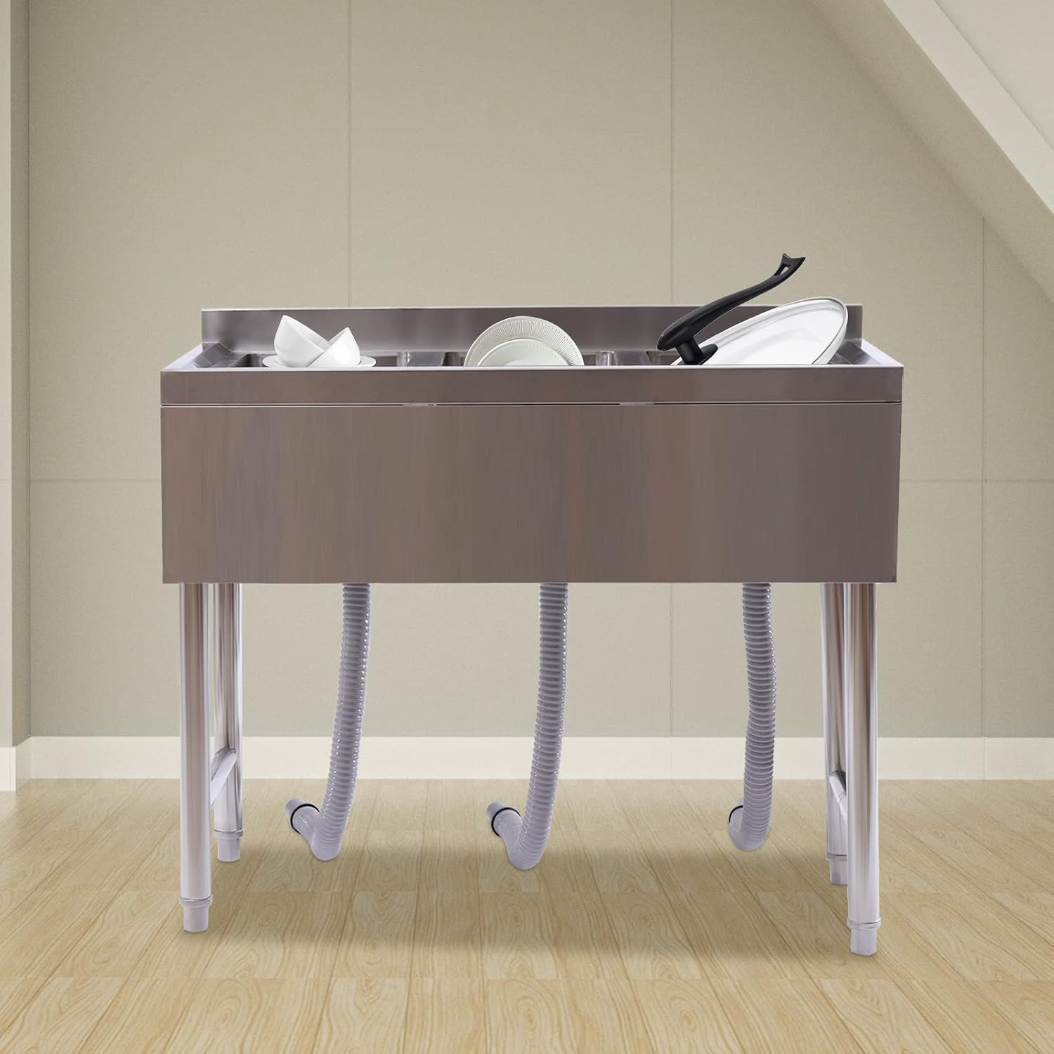 Stainless Steel Utility Sink, Triple Bowl Freestanding Commercial Kitchen Sink, 3 Compartment Washing Hand Basin Utility Sink for Restaurant Garage Laundry, L38.5*W18.8*H33in