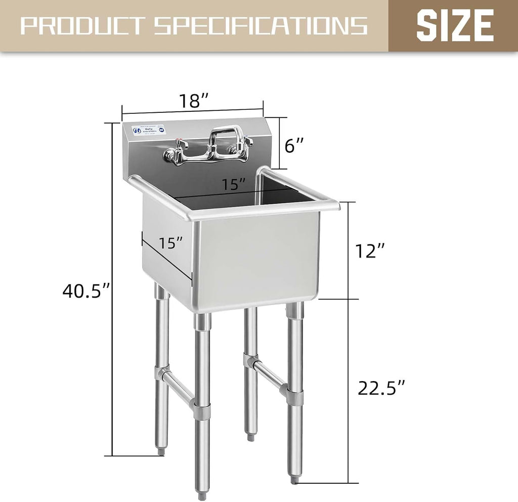 HALLY Commercial Stainless Steel Sink 1 Compartment NSF Prep & Utility Sink with 8' Faucet 15' L x 15' W x 12' D Bowl for Bar, Restaurant, Kitchen, Hotel and Home