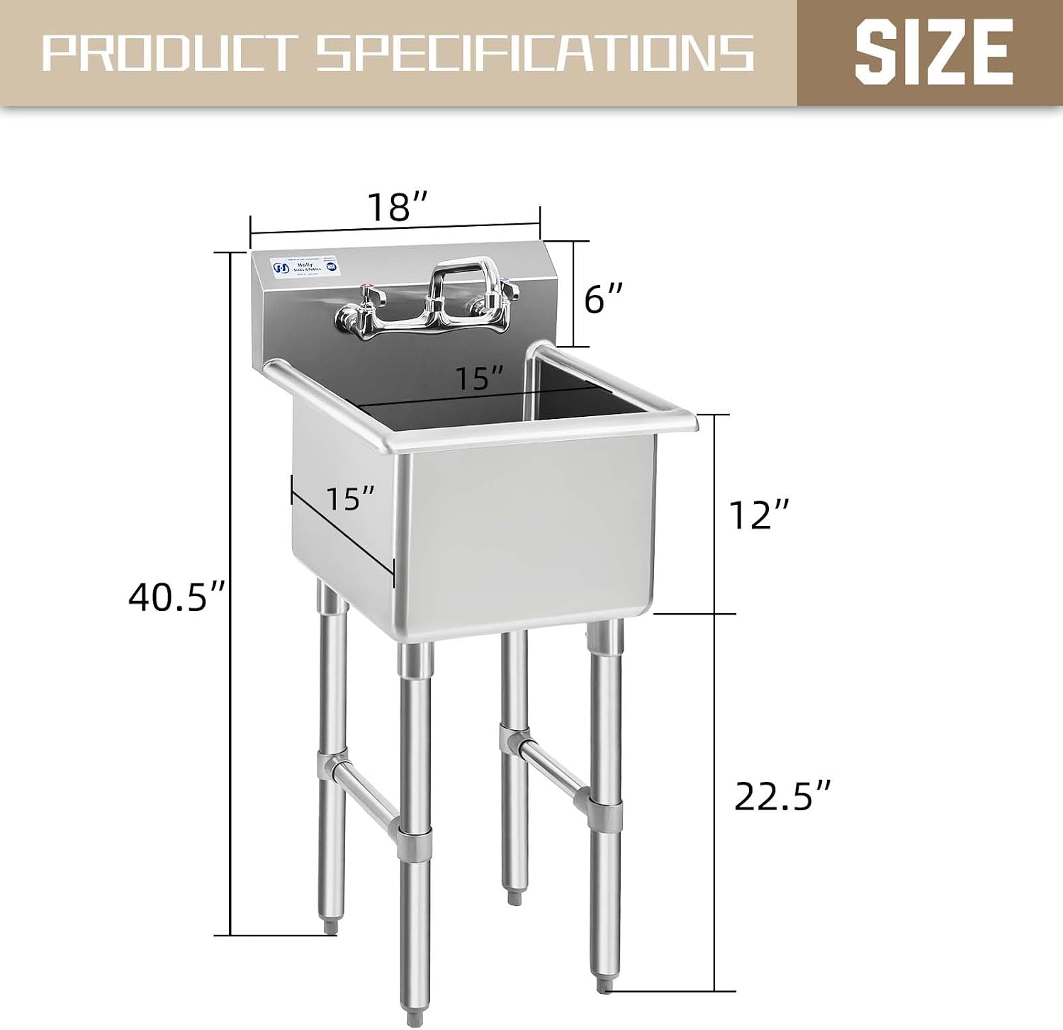 HALLY Commercial Stainless Steel Sink 1 Compartment NSF Prep & Utility Sink with 8' Faucet 15' L x 15' W x 12' D Bowl for Bar, Restaurant, Kitchen, Hotel and Home