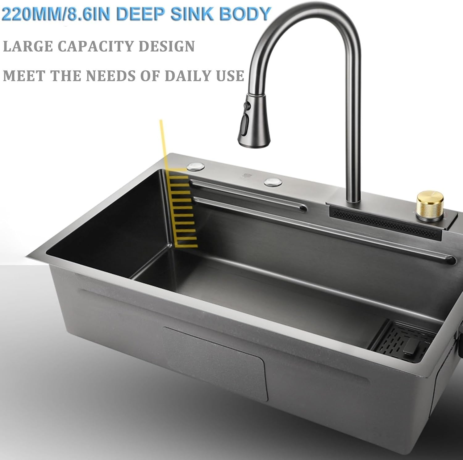 Waterfall Sink Household Sink Single Bowl Kitchen Sink Set Nano-Coated Workstation Sink with Pull-Out Faucet and Cup Washer Pressurized Cup Washer (A-68x45x22cm