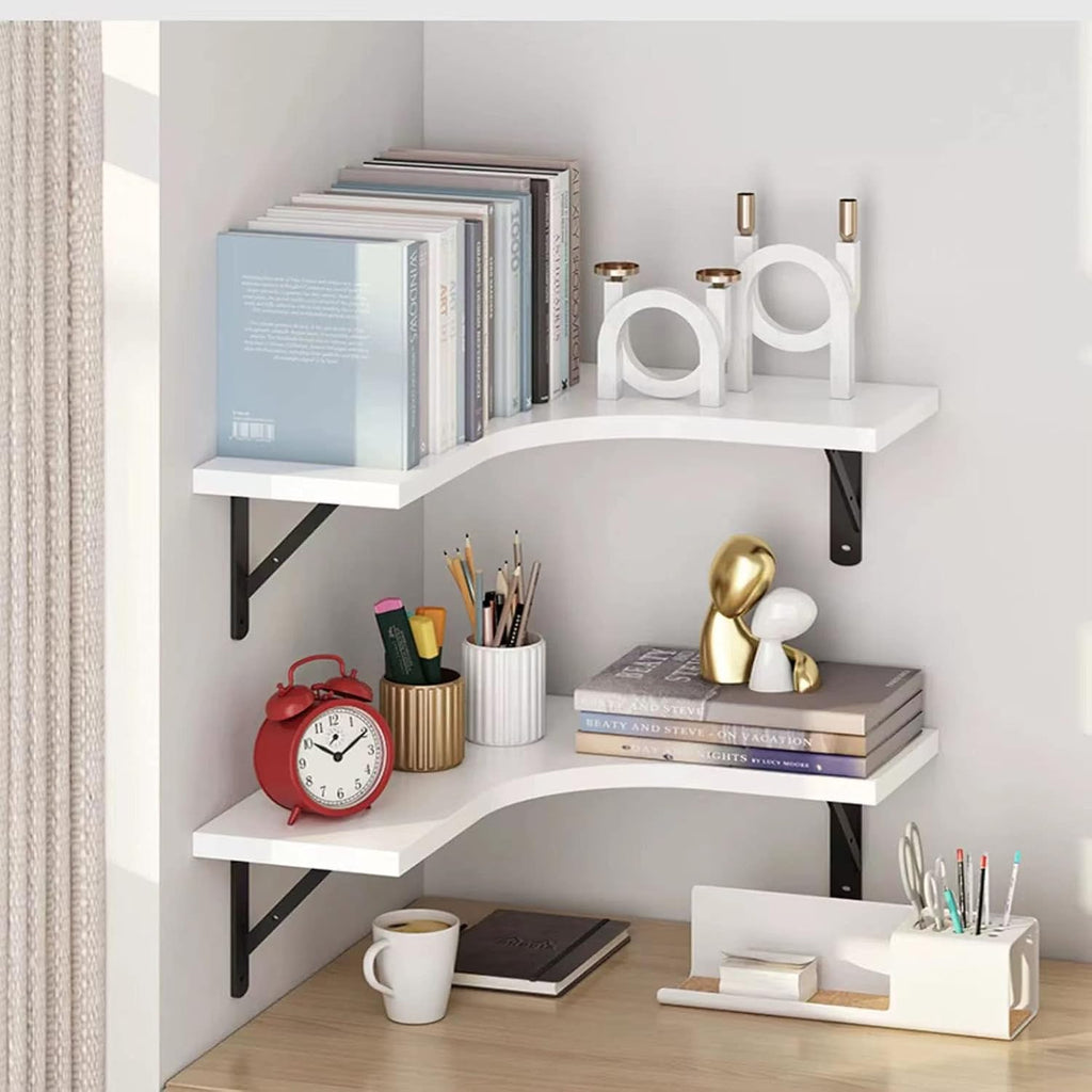 Floating Corner Shelf Wall Mounted Wood Bookshelf for Bedroom Living Room Office Bathroom White Wood 1 Tier Shelf Space Saving Storage Solution