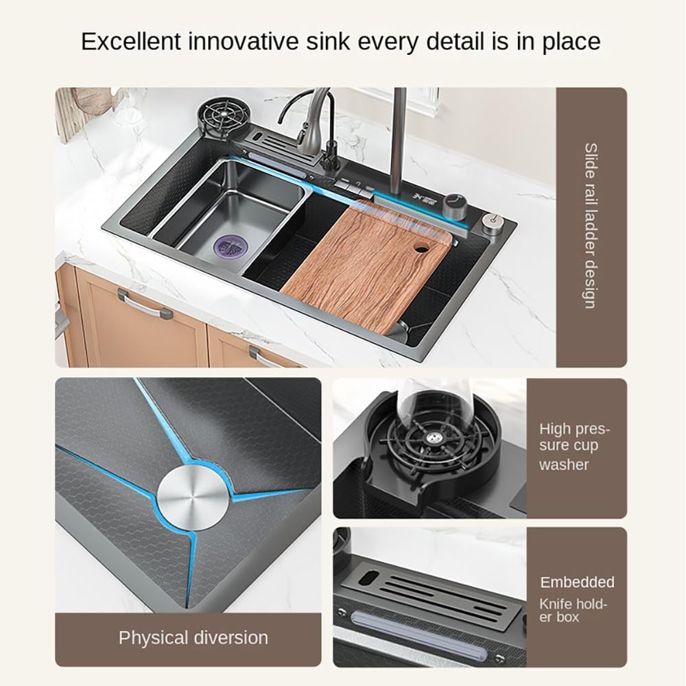 Smart Waterfall Kitchen Sink Stainless Steel Single Bowl Digital Display Honeycomb Nano Modern Workstation Sink with Pull Down Faucet Multifunctional Topmount Handmade Sinks(31.5 x 18.1 inch)