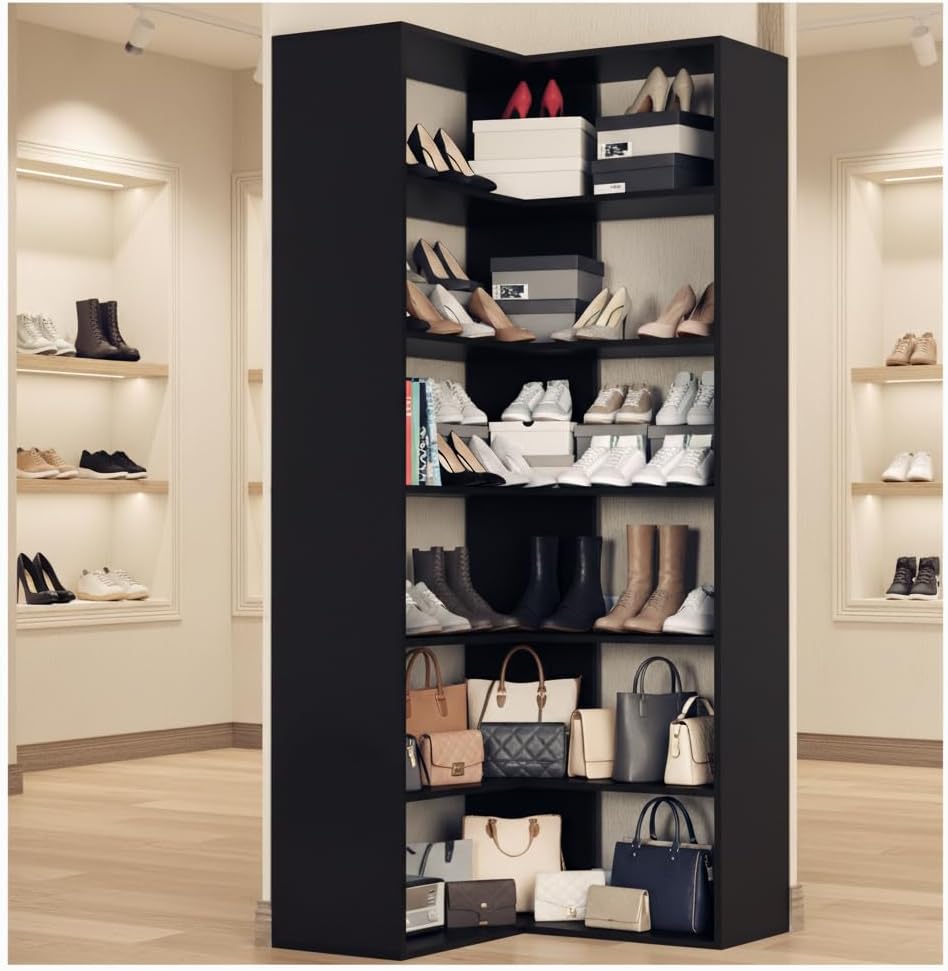 Anystyle 71 Inch Large Corner Shoe Rack for 40+ Pairs, 6-Tier L-Shaped Shoe Storage Cabinet Organizer, Freestanding Wooden Shoe Shelf for Closet, Entryway, Hallway, Black