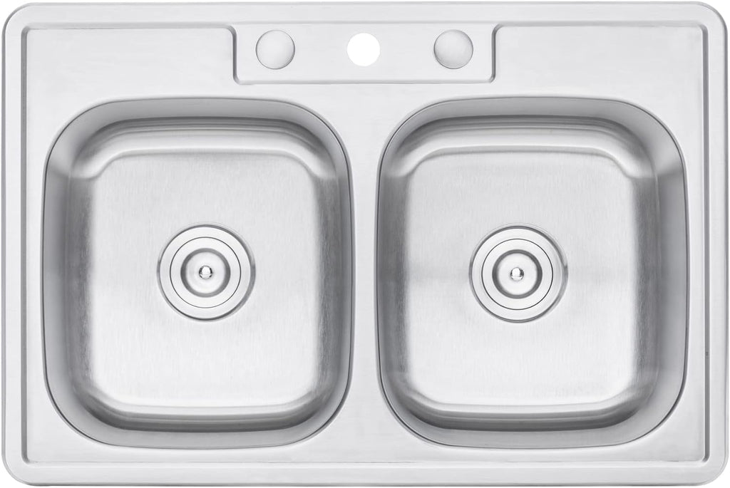 CozyBlock 33 inch Topmount Drop-In Stainless Steel 18 Gauge Double Bowl 50/50 Kitchen Sink w/ 3 Faucet Holes (Sink Only)