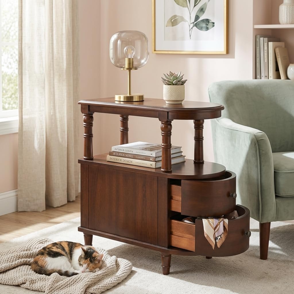 Narrow End Table with 2 Storage Drawers, Retro Vintage Sofa Beside Table, Wood Slim Telephone Table for Living Room,Saving-space, 23.4'L x 11.4'W x 25.3'H, No-Tools Assembly, Cherry Walnut BG-A508-CY