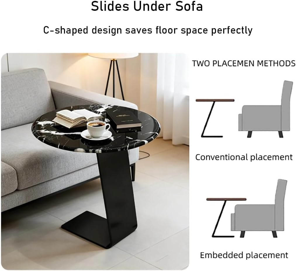 25.5-Inch High C-Shaped End Table with Marble Top & Black Metal Frame, Modern Space-Saving Sofa Side Table for Living Room, Bedroom, Small Spaces(C)