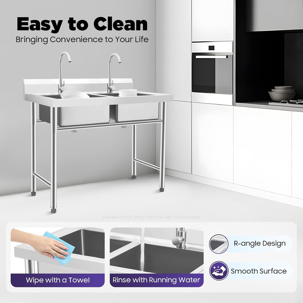 2 Compartment Commercial Kitchen Sink, Stainless Steel Freestanding Double Bowl Utility Sink With 2 360° Rotating Faucet Heavy Duty Portable Double Sink for Kitchen Garage(35.8x21.3x40in)