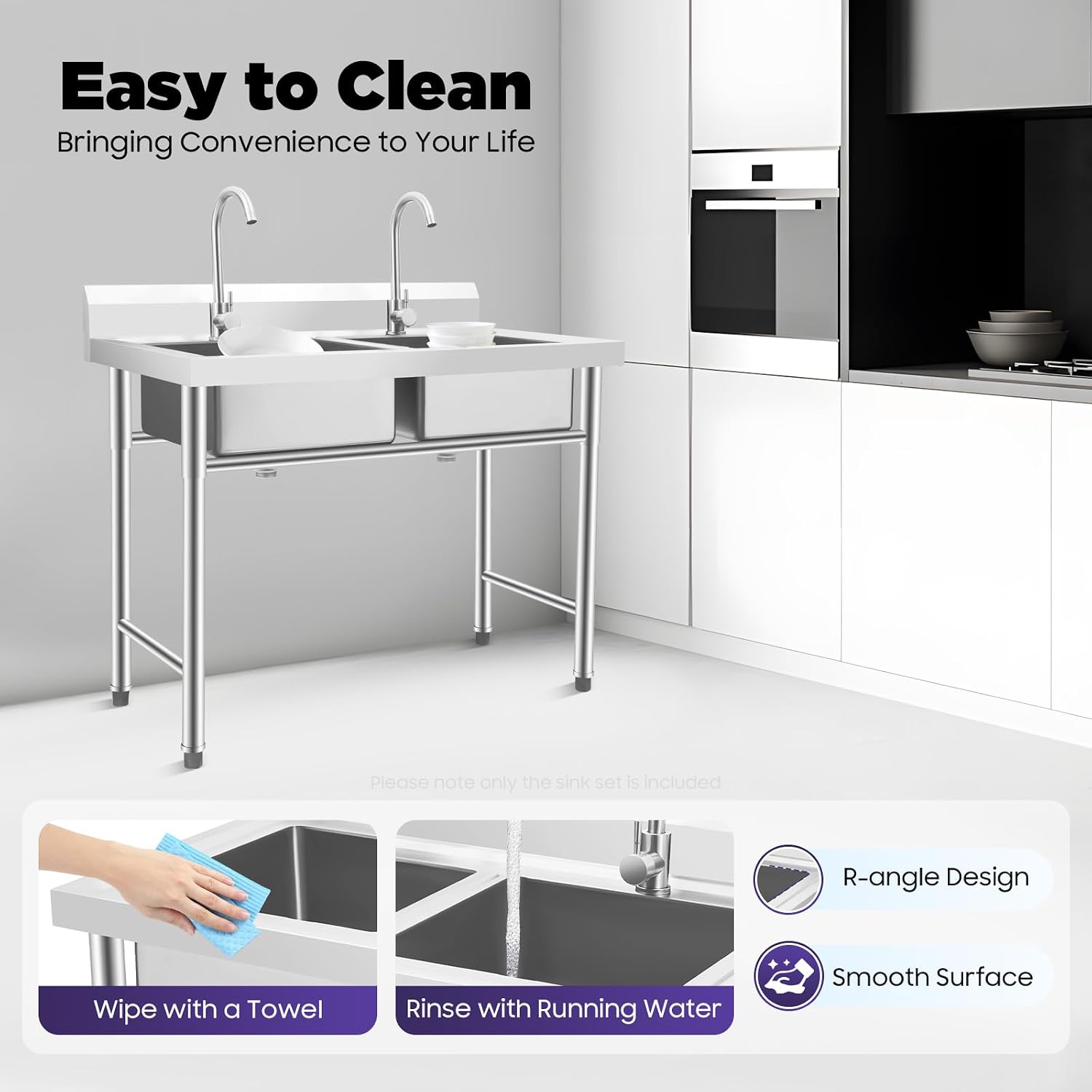 2 Compartment Commercial Kitchen Sink, Stainless Steel Freestanding Double Bowl Utility Sink With 2 360° Rotating Faucet Heavy Duty Portable Double Sink for Kitchen Garage(35.8x21.3x40in)