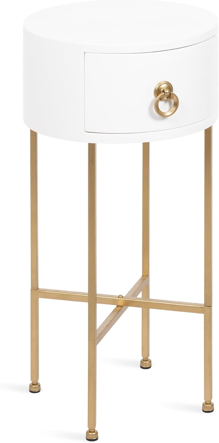 Kate and Laurel Decklyn Decorative Glam Round Side Table; 14 x 14 x 24; White and Gold; Modern Circle Living Room Table with Pull Drawer for Useful Storage