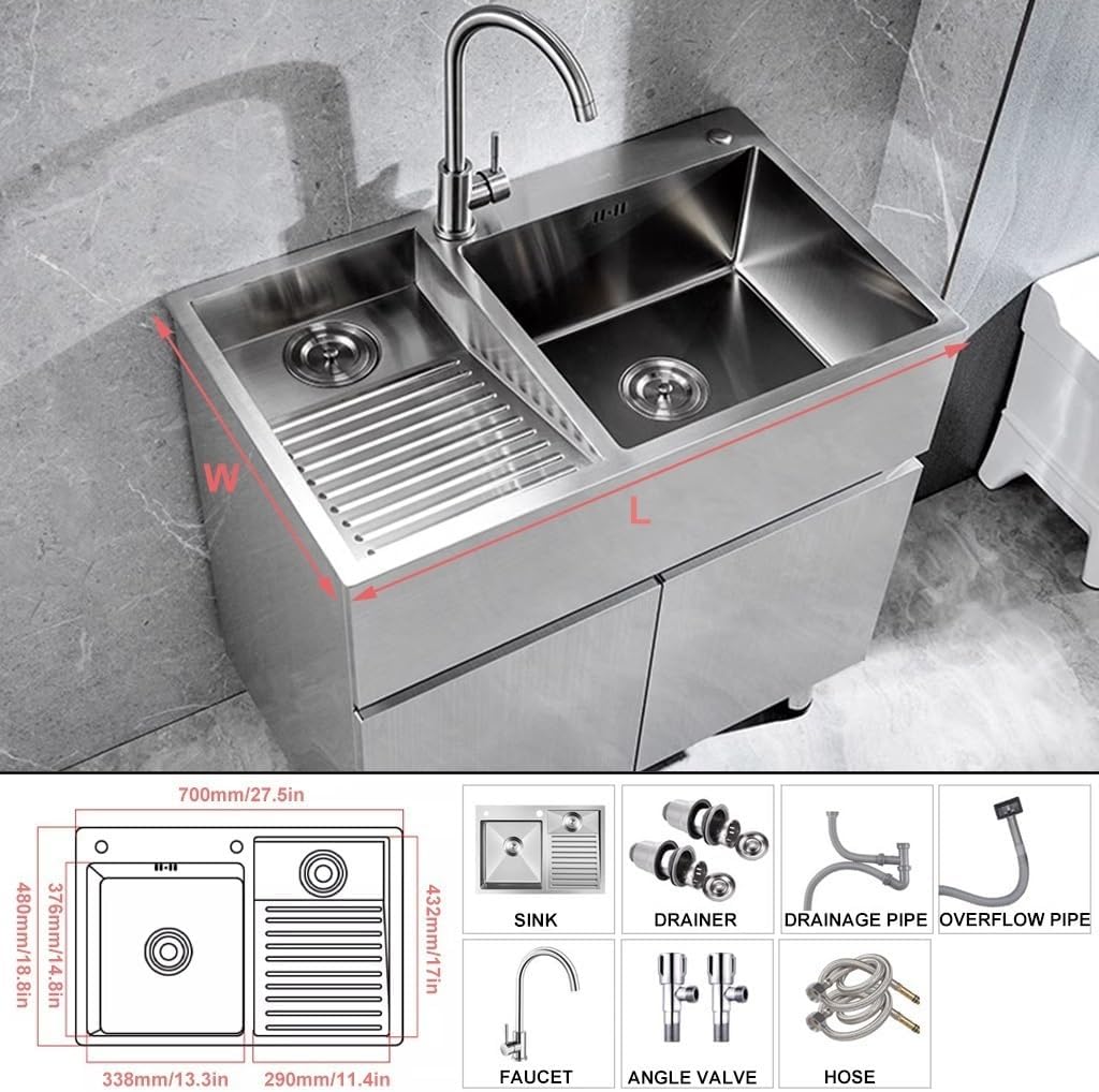 Bathro Sinks with Washboard Large 304 Stainless Steel Laundry Sink Multifunctional Kitchen Sink with Big Bend Faucet and Drainage Cponent (Color : Silver, Size : 70x48x21cm)