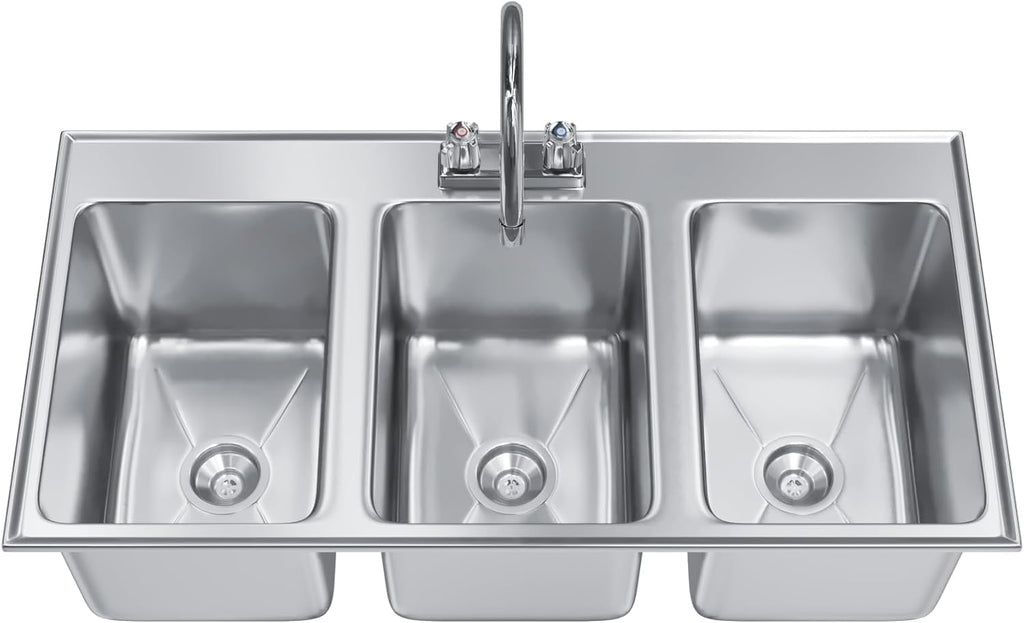 Commercial 3 Compartment Stainless Steel Drop-In Sink – 36' x 18' with Faucet | NSF 3-Bay Utility Sink for Restaurant, Bar & Kitchen Use