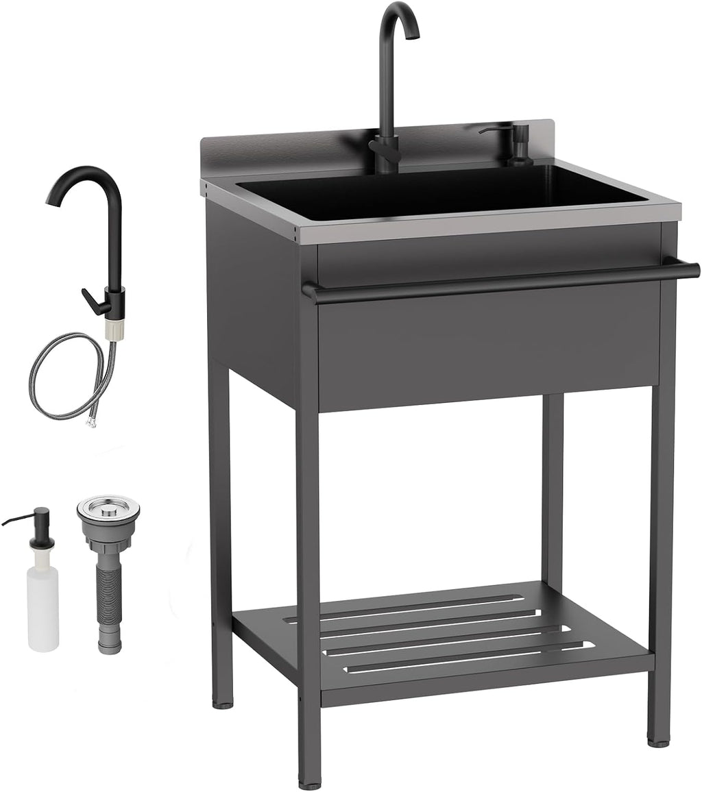 ROVSUN Black Electroplated Stainless Steel Utility Sink with Towel Rack and Storage Shelf, 20.7'D x 25.7'W x 38.9'H Freestanding Laundry & Prep Sink for Home, Restaurant, Garage, and Outdoor Use