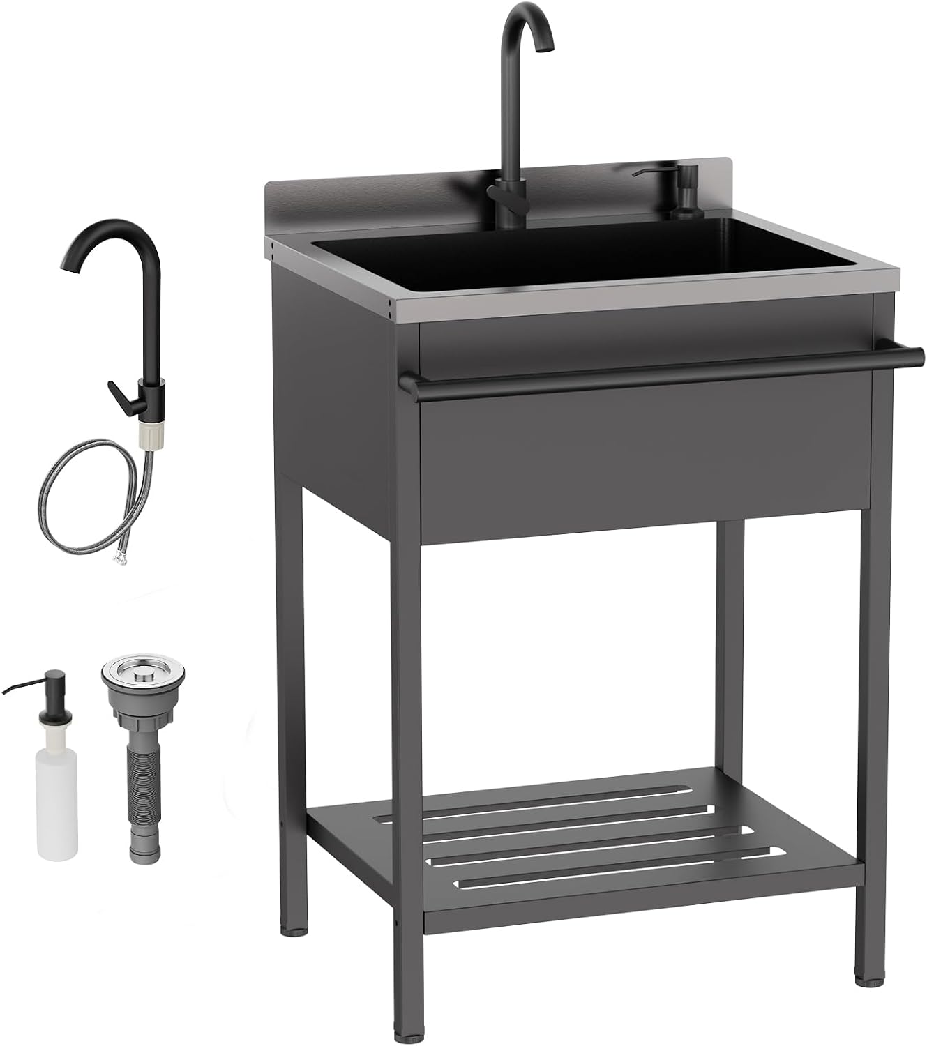 ROVSUN Black Electroplated Stainless Steel Utility Sink with Towel Rack and Storage Shelf, 20.7'D x 25.7'W x 38.9'H Freestanding Laundry & Prep Sink for Home, Restaurant, Garage, and Outdoor Use