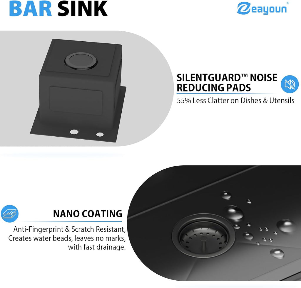 13 In Gunmetal Black Drop Bar Sink 13 x 15 Inch Kitchen Sink 18 Gauge Stainless Steel Single Bowl Topmount Handmade Sink for Outdoor, RV, 13x15x9