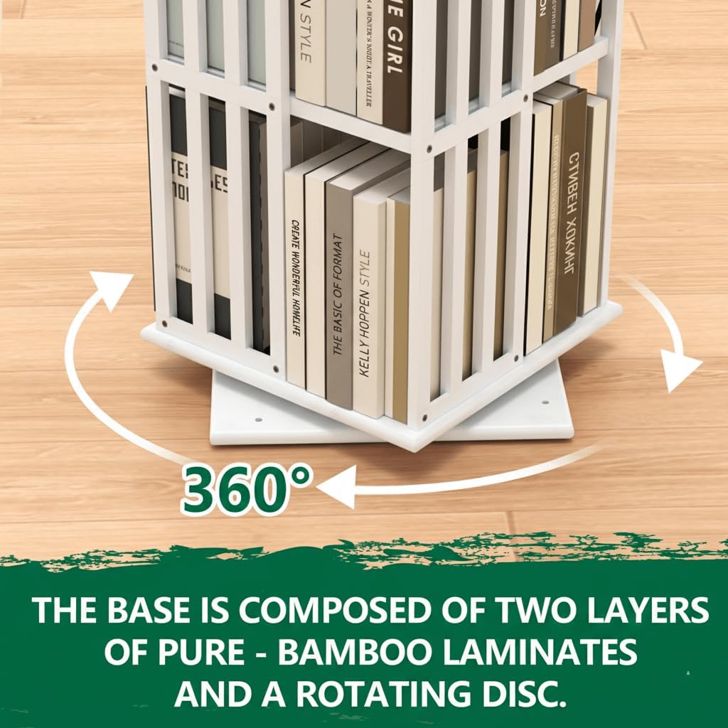 Lauxery Rotating Bookshelf Tower– 6 Tier 360° Bamboo Spinning Book Shelves| Space-Saving Tall Square Revolving Bookcase for Small Space, Living Room, Bedroom & Office | White Corner Bookshelf