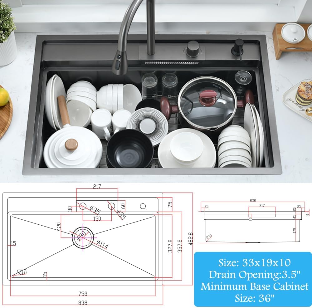 33 Inch Black Drop In Waterfall Kitchen Sink Workstation -Bokaiya 33x19 Black Stainless Steel Sink with Faucet Combo 16 Gauge 10' Deep Top Mount Single Bowl Modern Kitchen Sink