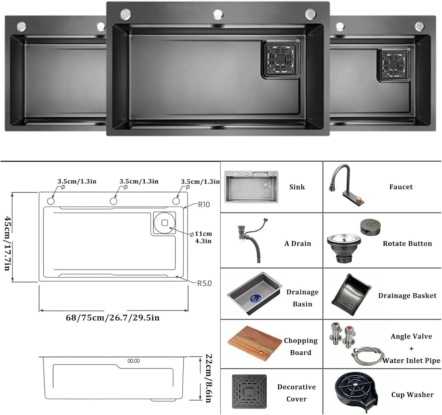 304 Stainless Steel Kitchen Sink Multi-Function Bar Sink Single Bowl Rv Sink with Faucet and Cup Washer Drop in Or Under Mount (Color : Grey, Size : 68x45x22cm) (Gun Grey 68x45x22cm)