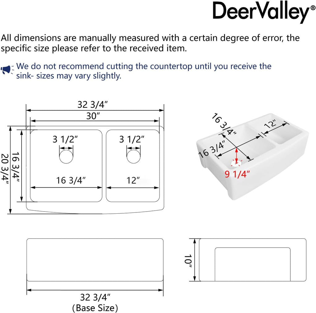 DeerValley Double Bowl White Kichen Sink 33 inch, Ceramic Apron Front Farmhouse Sink, Deep Drop-in Fireclay Undermount Large Sinks with Grid & Strainer