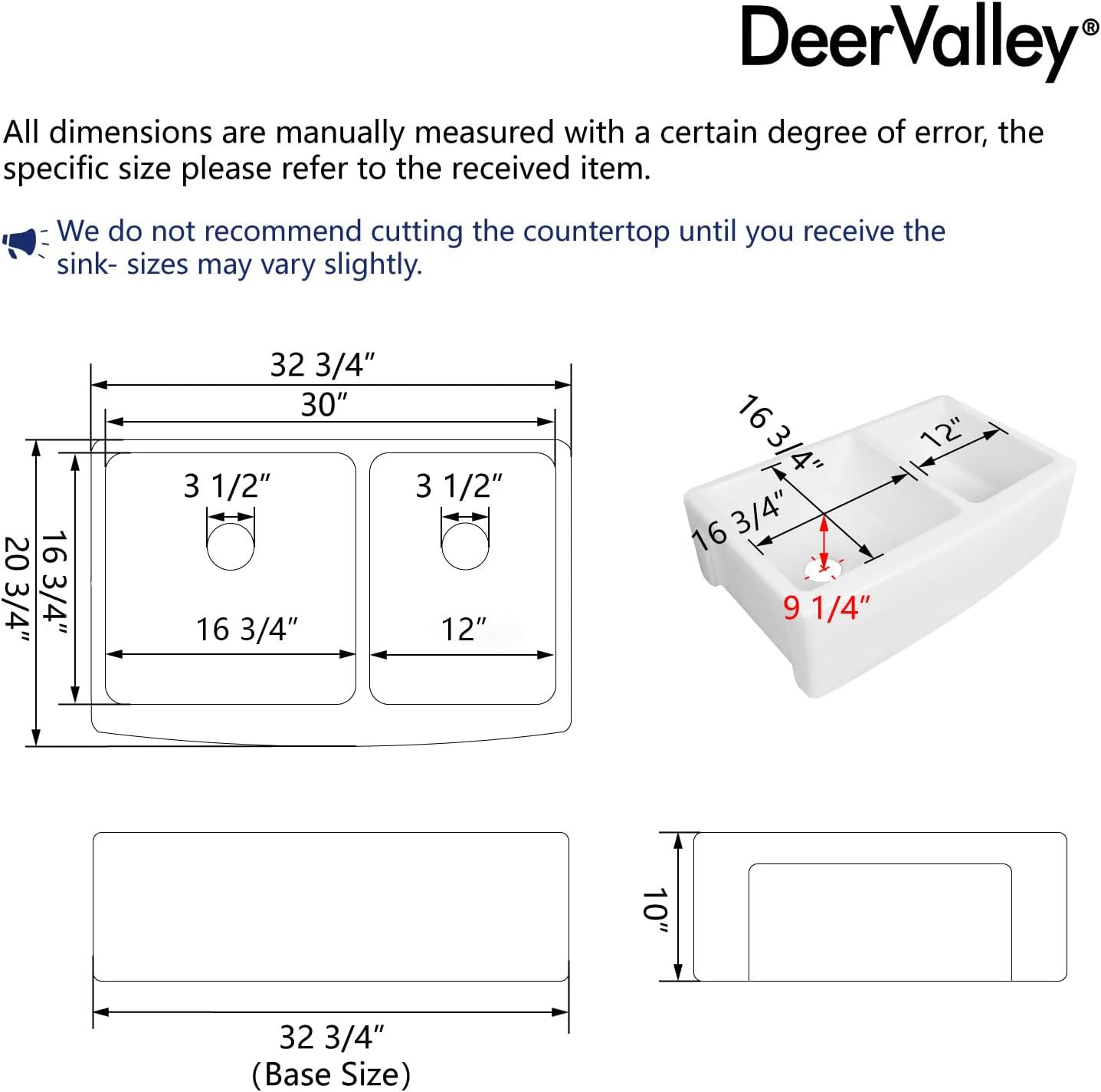DeerValley Double Bowl White Kichen Sink 33 inch, Ceramic Apron Front Farmhouse Sink, Deep Drop-in Fireclay Undermount Large Sinks with Grid & Strainer