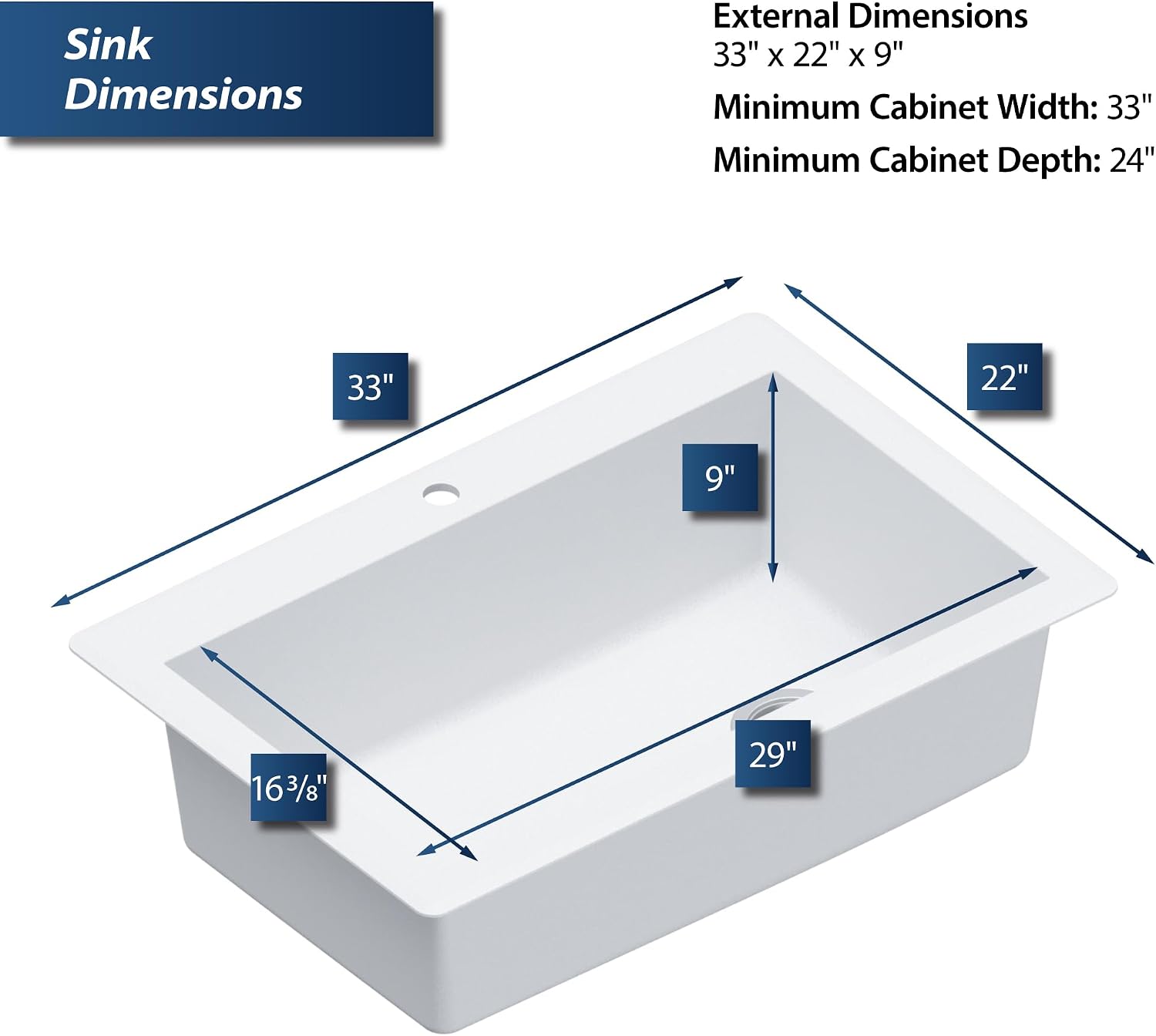 Karran QT-670 Drop-In/Top Mount 33' Single Bowl Granite Quartz Composite Kitchen Sink in White – Right Side Drain, Extra Deep 9' Basin, Heat & Scratch Resistant, Sound Dampening
