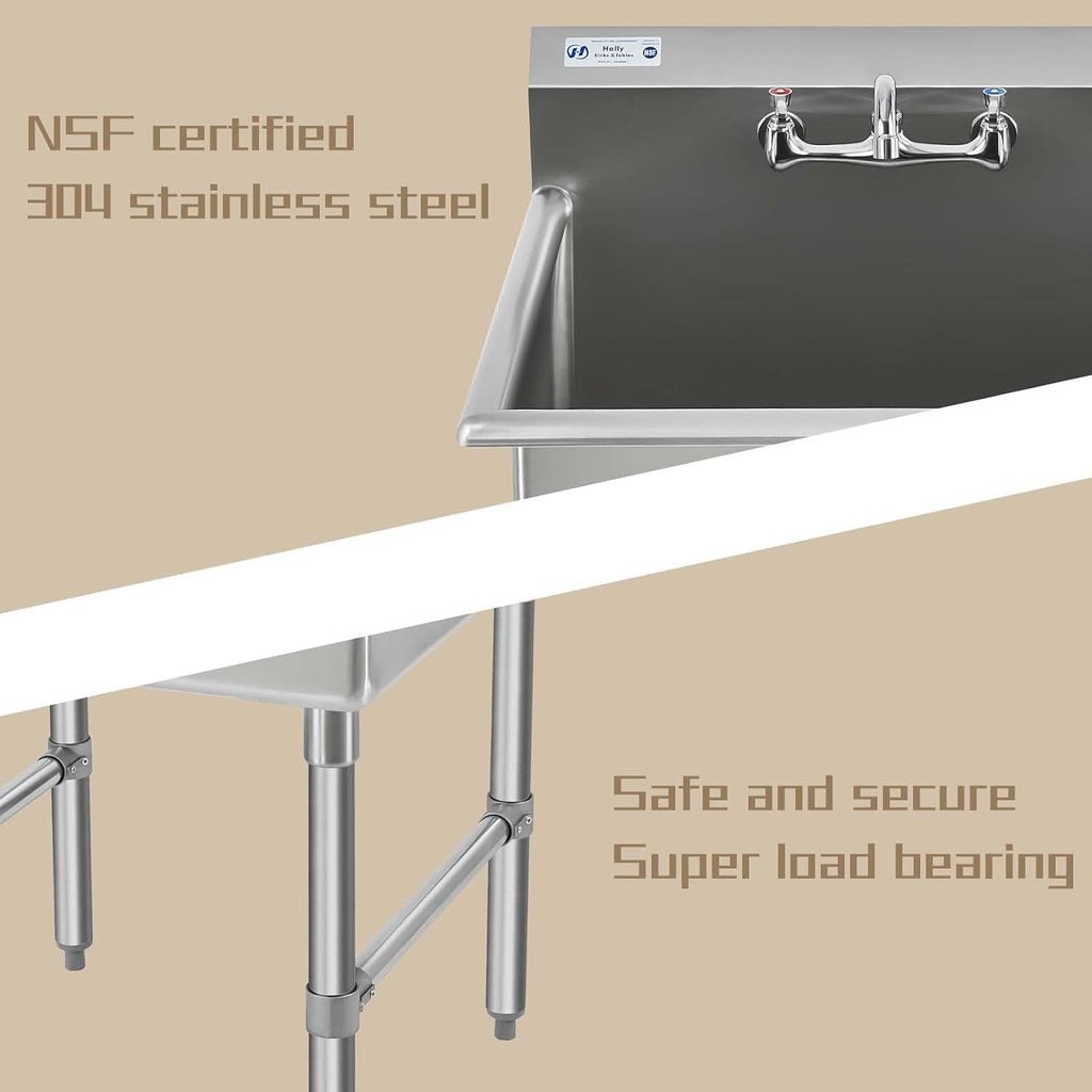 HALLY Commercial Stainless Steel Sink 1 Compartment NSF Prep & Utility Sink with 8' Faucet 24' L x 24' W x 12' D Bowl for Bar, Restaurant, Kitchen, Hotel and Home