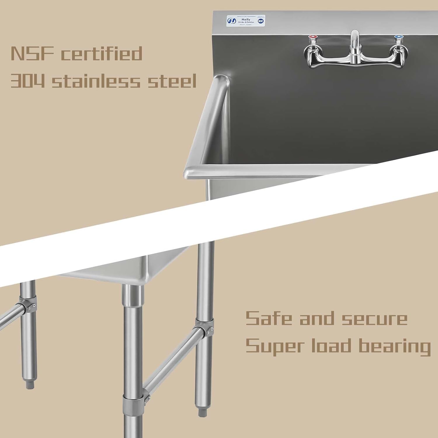 HALLY Commercial Stainless Steel Sink 1 Compartment NSF Prep & Utility Sink with 8' Faucet 24' L x 24' W x 12' D Bowl for Bar, Restaurant, Kitchen, Hotel and Home