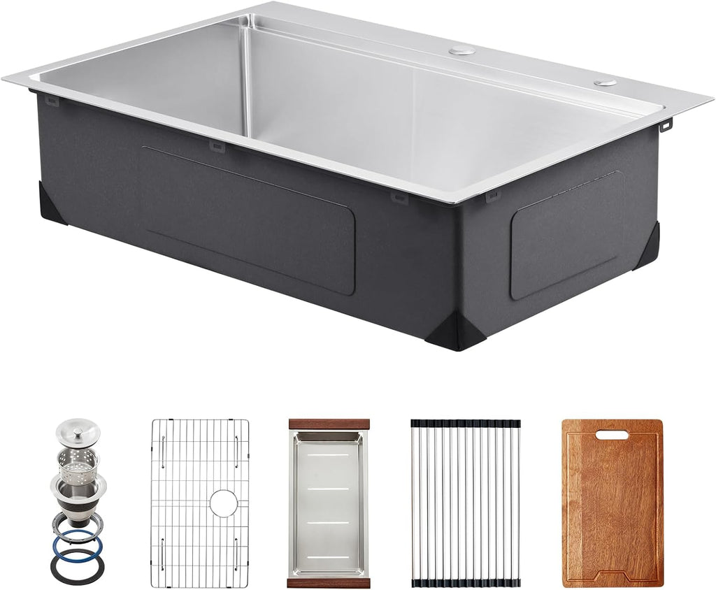 VEVOR Drop In Kitchen Sink 33 Inch Kitchen Sink Workstation, 304 Stainless Steel Top Mount Sinks, Drop-In Single Bowl with Ledge & Multiple Accessories Sink for RV, Prep Kitchen, Bar 33 x 22 x 9inch
