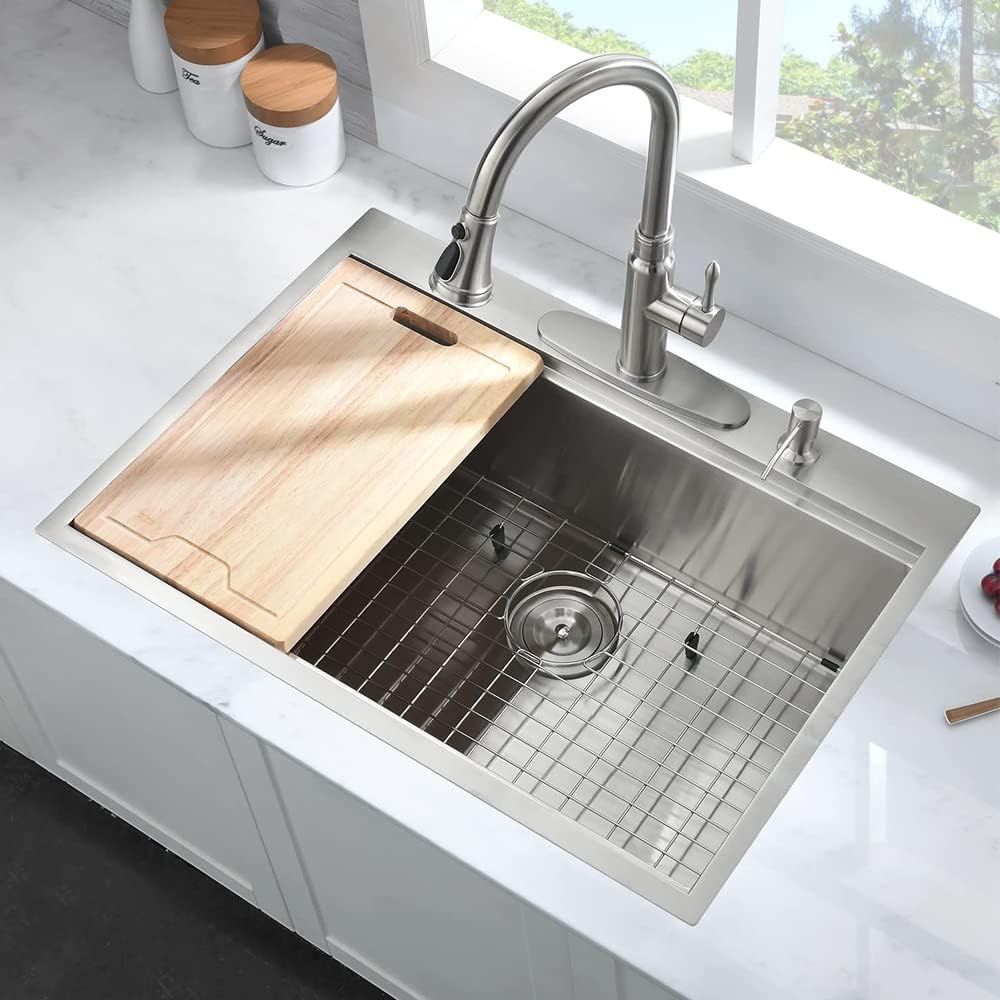 30 Inch Drop In Kitchen Sink, 30x22 Single Bowl Stainless Steel Kitchen Sink Drop in Workstation 16 Gauge Handmade with Cutting Board