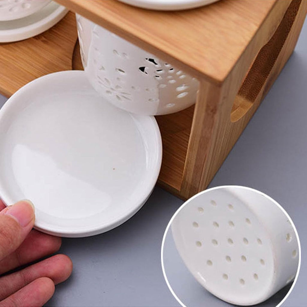 Cup Storage Holder,Bamboo Utensil Holder Set - 3 Ceramic Caddies with Drain Tray for Kitchen Counter, Ideal for Spoon, Fork & Knife Organization，A 8.27in