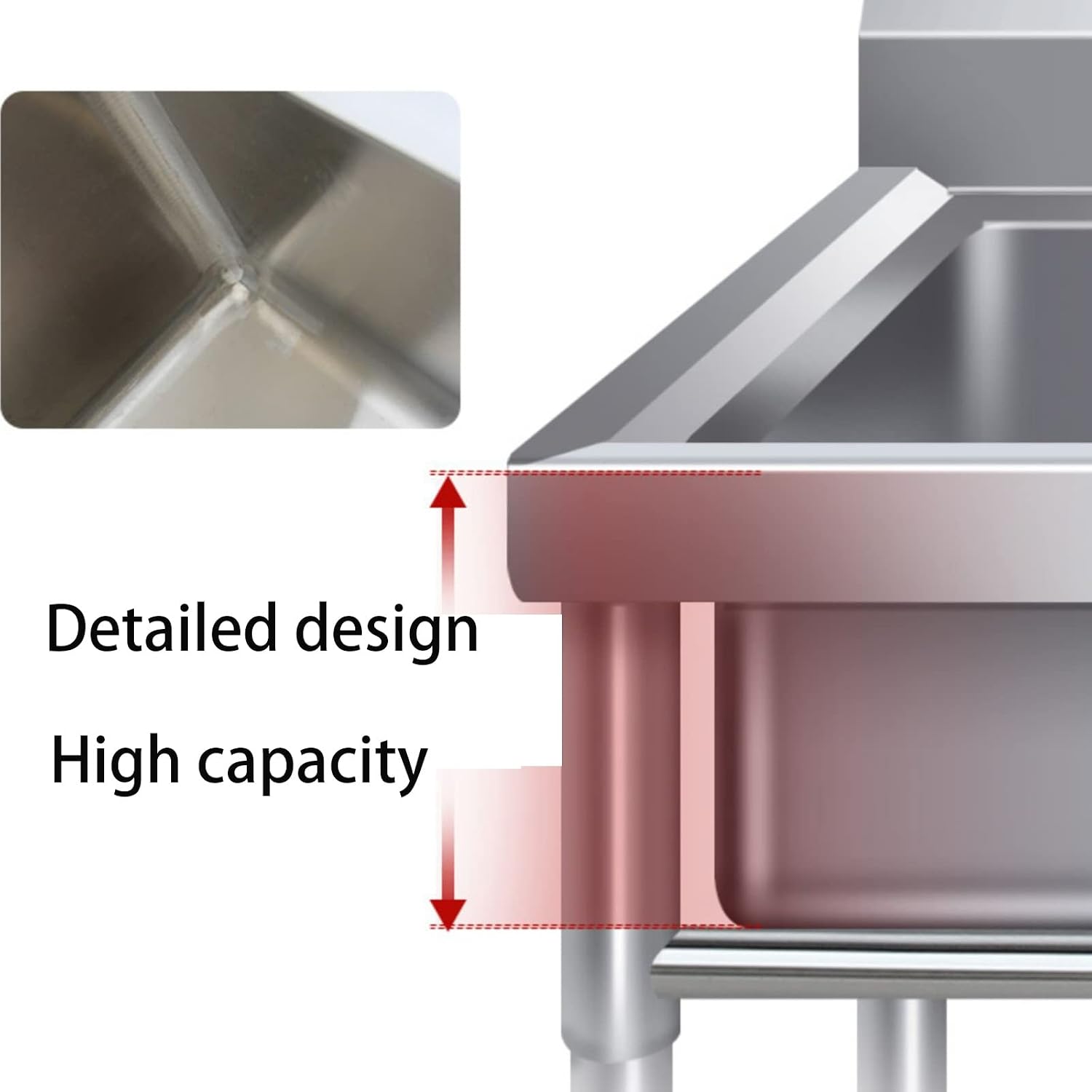 Free Standing Stainless-SteeSingle Bowl,Utility Sink Single Bowl Stainless Steel Commercial Kitchen Sink with,for Laundry Backyard Garage Camping Portable (Size : 60cm/23.6in) (60cm/23.6in)