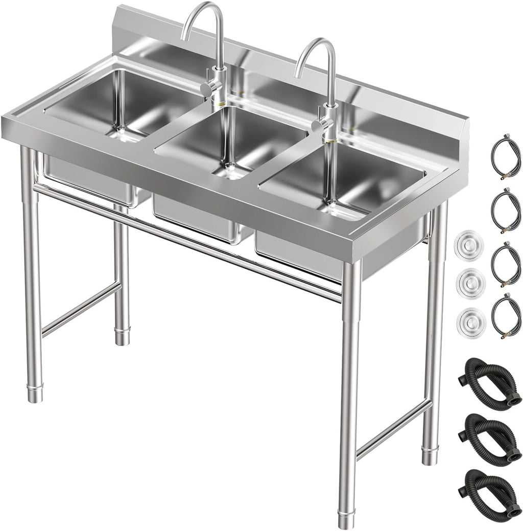 3 Compartment Stainless Steel Sink Commercial Kitchen Sink with Cold and Hot Water Pipe & Faucets Food Truck Sink Triple Sink for Garages, Restaurant, Coffee Shop 39'D x 18'W x 35.8'H