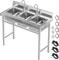 3 Compartment Stainless Steel Sink Commercial Kitchen Sink with Cold and Hot Water Pipe & Faucets Food Truck Sink Triple Sink for Garages, Restaurant, Coffee Shop 39'D x 18'W x 35.8'H